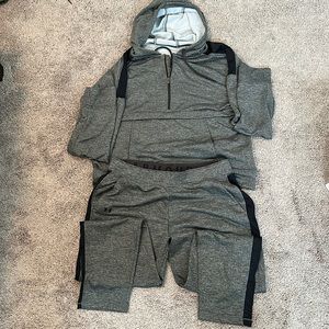 Hoodie sweatshirt and sweat pants from UnderArmour.  Gray and navy